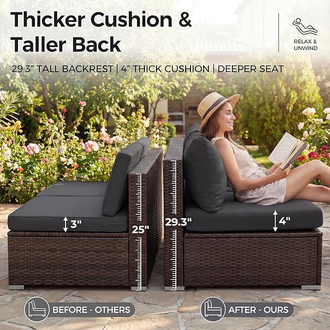 NICESOUL 11 Pcs Modern Outdoor Patio Sectional Furniture Set with Fire Pit Table, 29.3'' High Back Conversation Sets with Firepit, Cozy Large U-Shaped L-Shape Couches, Brown Rattan and Gray Cushion