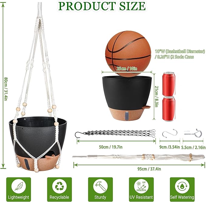 10 Inch Hanging Planters for Indoor Plants, 2 Pack Self Watering Hanging Baskets Flower Pots with Drainage Hole, Visual Reservoir & 2 Kinds of Plant Hanger for Outdoor Garden Home Decor（Black）