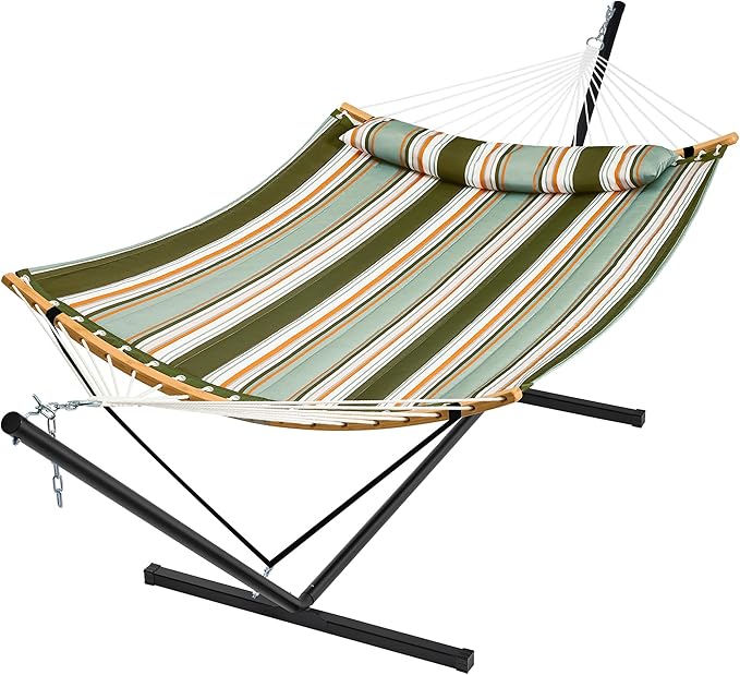 SUPERJARE Hammock with Stand, 2 Person Heavy Duty Hammock with Padded Cotton, Detachable Pillow & Strong Curved-Bar & Portable Carrying Bag, Perfect for Outdoor & Indoor, Retro Green