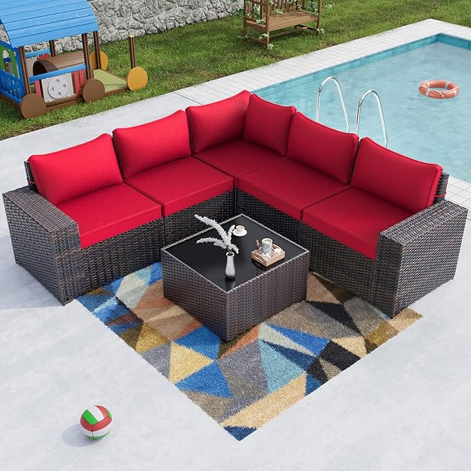 Kullavik 6PCS Outdoor Patio Furniture Set PE Wicker Rattan Sectional Sofa Patio Conversation Sets,Red
