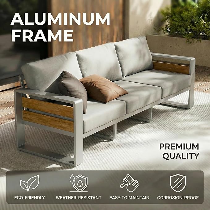 ZANDOR Aluminum Outdoor Patio Furniture - 1 Pcs 3-Seat and Coffee Table, All-Weather Metal Modern Outside Furniture with Washable Thick Cushion for Garden/Backyard/Porch, Silver