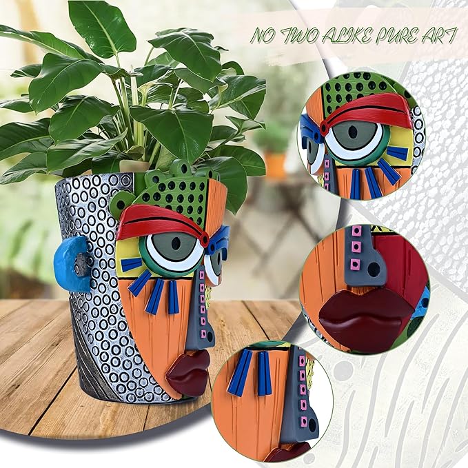 Abstract Face Planter Pots for Plants,Hand-Painted Colorful Flower Pots with Drainage, Indoor Outdoor Garden Decor Gift(Modern,Large)