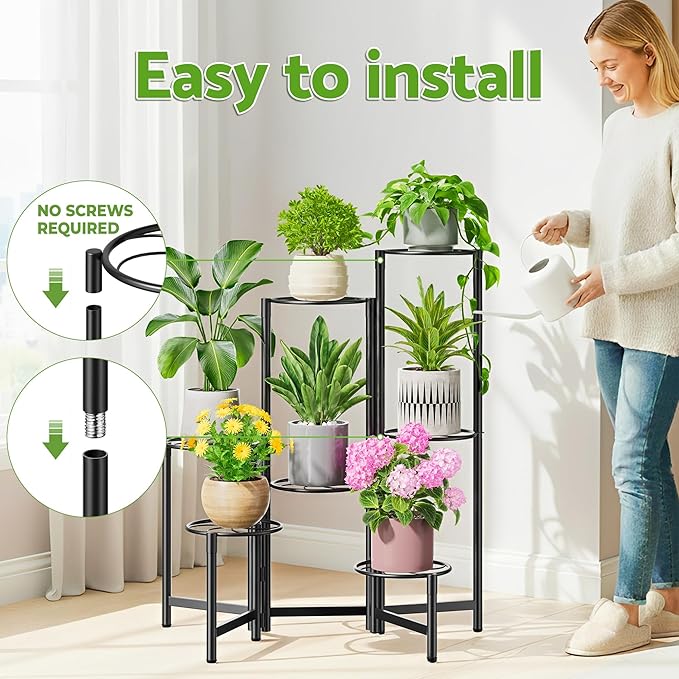 Corner Shelf Patio 7 Tier Metal Plant Stand Indoor Outdoor Tall Metal Flower Pot Stands for Multiple Plants Heavy Duty Plant Shelf Black Kite