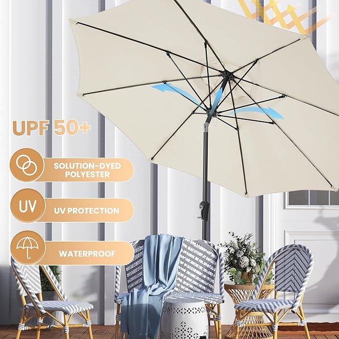 Ayge 9FT Large Outdoor Patio Umbrella Market Table Umbrella-UV Resistant, Easy Push Button Tilt and Crank, 8 Sturdy Fiberglass Ribs Heavy-Duty Pool Umbrella for Deck, Backyard,Garden,White