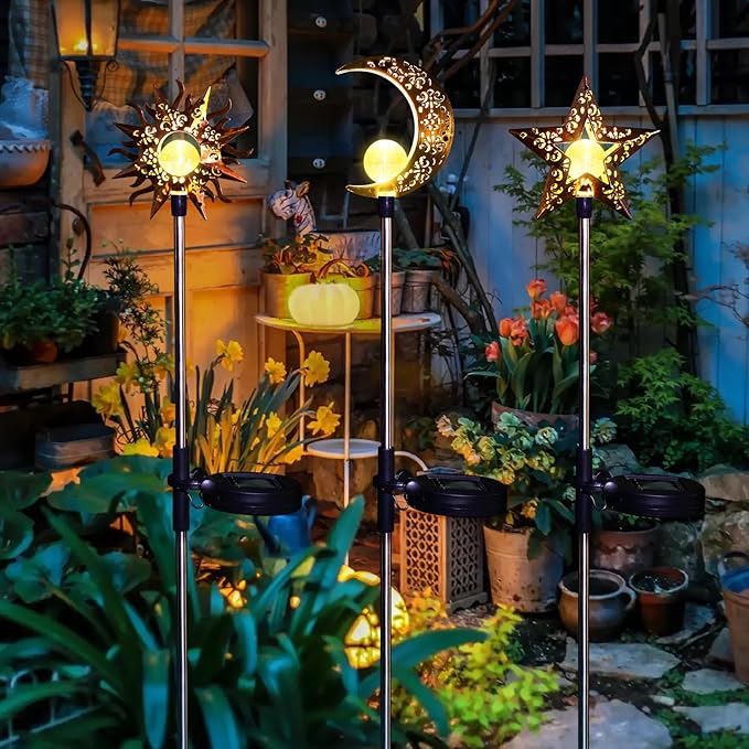 Solar Garden Stake Lights, Moon Sun Star Yard Decorations Outdoor 3 Pack Solar Garden Decor for Lawn, Pathway, Flower Bed, Memorial Garden, Patio Outdoor Gifts for Mom, Loved Ones