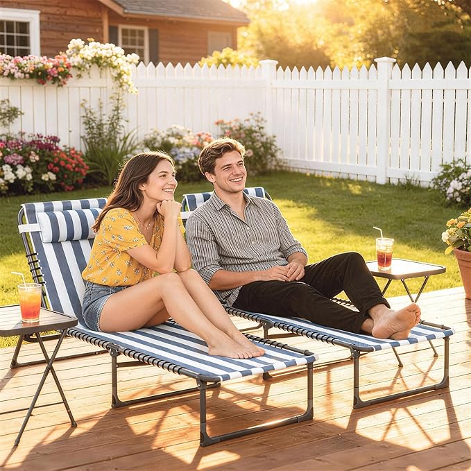 Outsunny Folding Chaise Lounge Chair Set of 2, Patio Sun Tanning Chair, Outdoor Chaise Lounger with 4-Position Reclining Back, Breathable Mesh Seat for Beach, Poolside, Yard, Blue and White