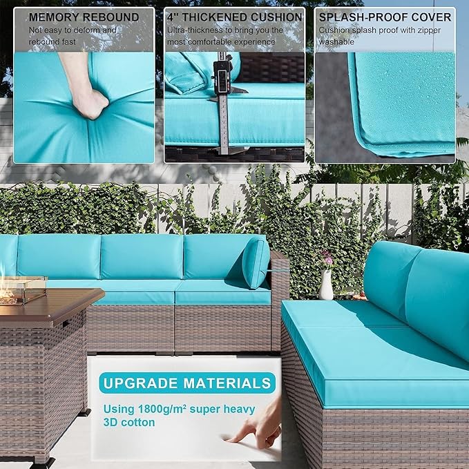 Kullavik 13 Pieces Outdoor Patio Furniture Set with 43" 55000BTU Gas Propane Fire Pit Table PE Wicker Rattan Sectional Sofa Patio Conversation Sets,Blue