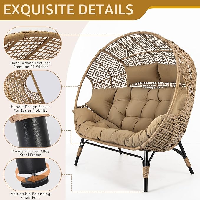 NICESOUL Double Egg Chair with Footstools & Cushions, Oversized Wicker Boho Chair Extra Large with Footrests Stationary 2 Person Loveseat Comfort Deep Seating for Indoor Outdoor