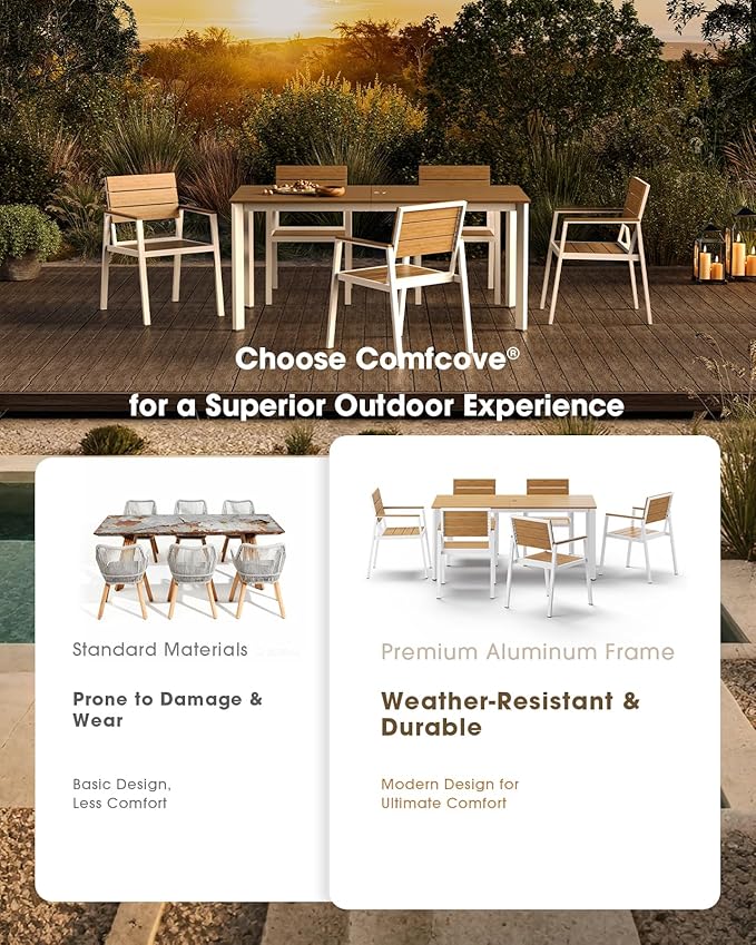 Outdoor Patio Dining Table, Aluminum & HDPS Outdoor Table with Umbrella Hole, All-Weather for Deck, Garden, Lawn, Backyard, Poolside (White & Teak)