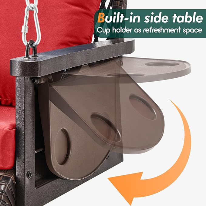 Upgraded Wicker Hanging Porch Swing Heavy Duty 900 LBS 3-Seat Outdoor Patio Swing Chair Bench for Adult w/ 8.9ft Hanging Chains Cushions and Cup Holder