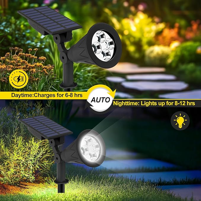 T-SUN Solar Spotlights Outdoor, 2 Pack White LED Landscape Lights, Waterproof Solar Powered Light with Auto On/Off, Adjustable Wall Lights for Yard, Garden, Patio, Driveway, Pool