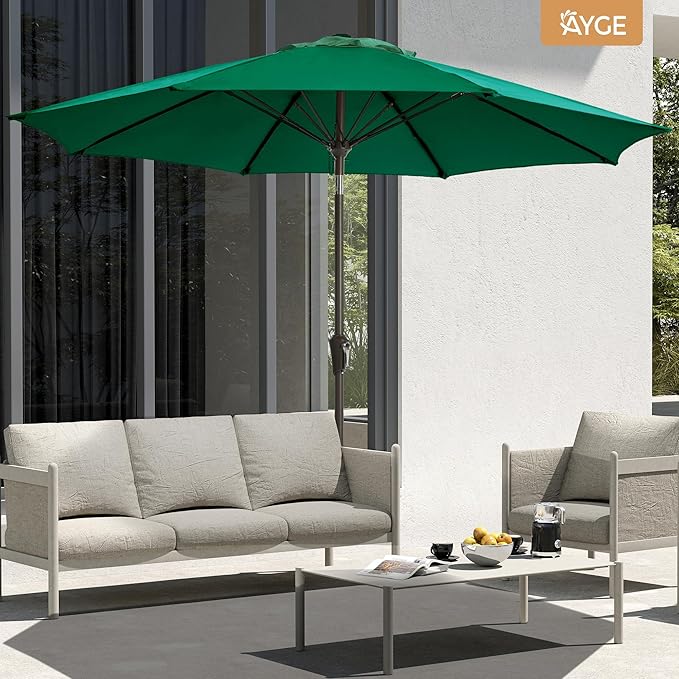 Ayge 9FT Large Outdoor Patio Umbrella Market Table Umbrella-UV Resistant, Easy Push Button Tilt and Crank, 8 Sturdy Fiberglass Ribs Heavy-Duty Pool Umbrella for Deck, Backyard,Garden,Green