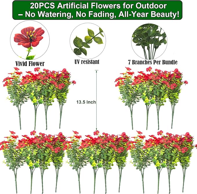 20 Bundles Artificial Flowers for Outdoors, UV Resistant Fake Plants Flowers Greenery Shrubs Plants for Decoration Outside Plants Hanging Planter Home Garden Decor (Red)
