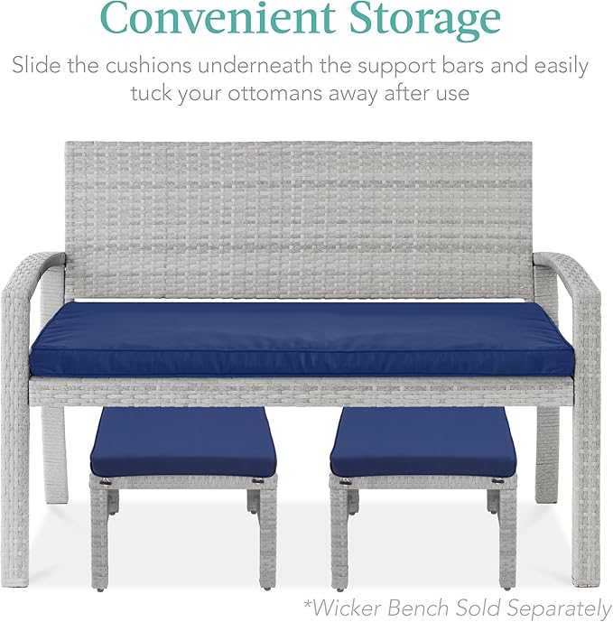 Best Choice Products Set of 2 Wicker Ottomans, Multipurpose Outdoor Furniture for Patio, Backyard, Additional Seating, Footrest, Side Table w/Removable Cushions, Steel Frame - Gray/Navy