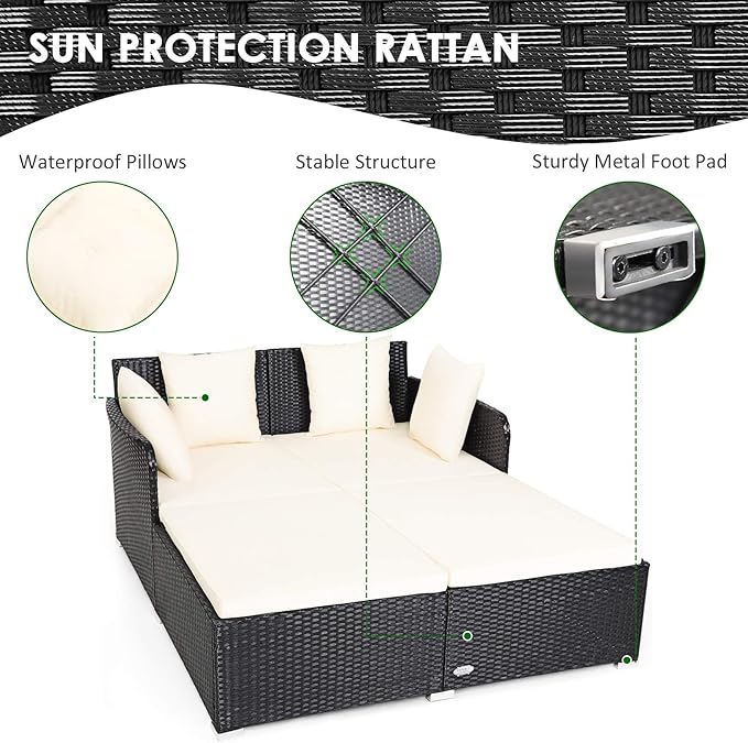 Tangkula Outdoor Rattan Daybed, Wicker Furniture with Spacious Seat, Upholstered Cushion & High-Resilience Sponge, Patio Sofa Set with 4 Pillows, 2-Person Sunbed for Poolside Backyard Garden & Balcony