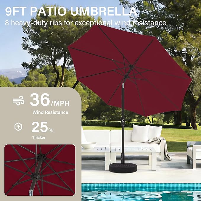 MEWAY 9ft Patio Umbrella Outdoor Table Umbrellas with Push Tilt and Crank, Market Umbrella 8 Sturdy Ribs for Deck, Garden, Pool and Backyard, Cherry Red