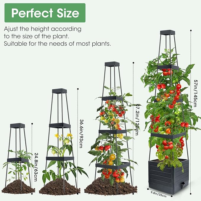 MQUPIN Tomato Planter Box with Trellis for Garden, 57 Inch Self-Watering Raised Garden Bed, Patio Tomato Cage for Climbing Vegetables & Flowers, Upgraded Tomato Pot for Indoor Outdoor Use(1 Pack)