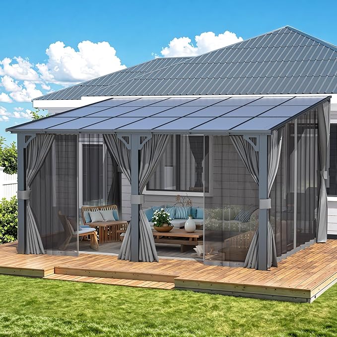 AECOJOY 14' x 12' Gazebo Outdoor Pergola with Curtains and Netting for Patio, Large Wall-Mounted Hardtop 12x14 Lean to Metal Heavy Duty Gazebo, Pergolas and Gazebos Clearance with Patio Roof Awnings