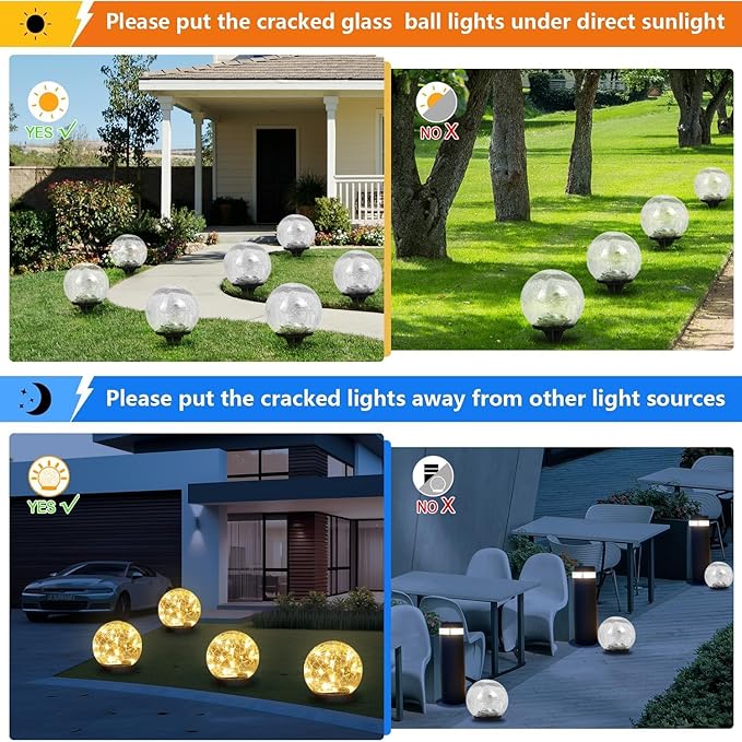 Solar Garden Lights Outdoor Waterproof, 4 Pack Cracked Glass Ball Light, Ground Landscape Garden Decor, Solar Globe Decorative for Pathway/Patio/Lawn/Yard (Warm White, 4.7")