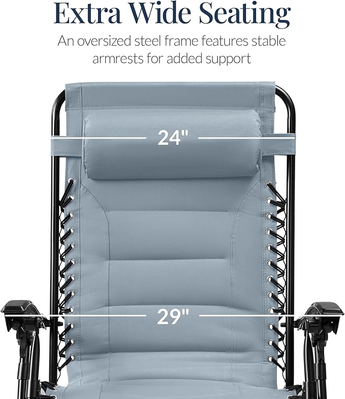 Best Choice Products Oversized Padded Zero Gravity Chair, Folding Outdoor Patio Recliner, XL Anti Gravity Lounger for Backyard w/Headrest, Cup Holder, Side Tray, Polyester Mesh - Breeze Blue