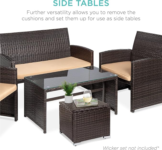 Best Choice Products Set of 2 Wicker Ottomans, Multipurpose Outdoor Furniture for Patio, Backyard, Additional Seating, Footrest, Side Table w/Storage, Removable Cushions - Brown/Beige