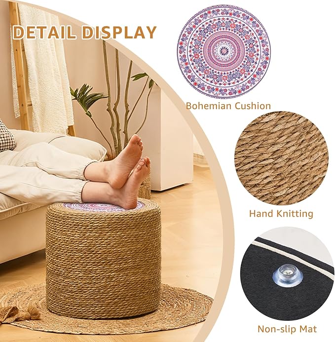 Wimarsbon Round Pouf Ottomans, Handwoven Natural Water Hyacinth Seagrass Pouffe,Outdoor Rattan Stool Accent Seat, Bohemian Coastal Home Decor (18inch Natural Cattail-Boho 4)