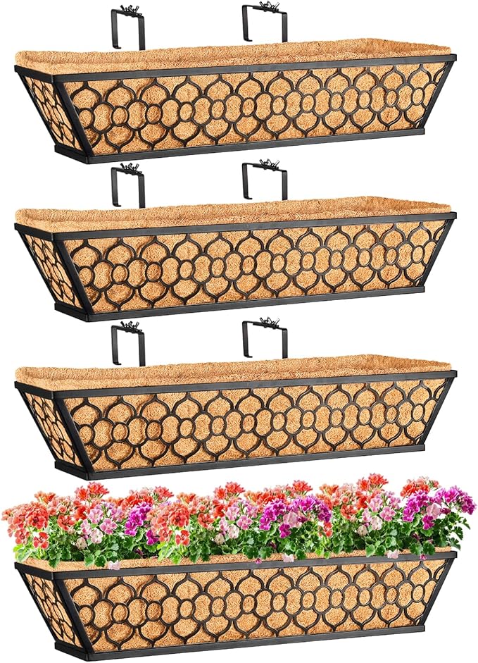Riare 4 Pack 23 Inch Window Boxes Planters with Coco Liner, Metal Deck Railing Planter Boxes, Balcony Planters Railing Hanging, Horse Trough Window Flower Planter Boxes for Outdoor Porch Fence Patio