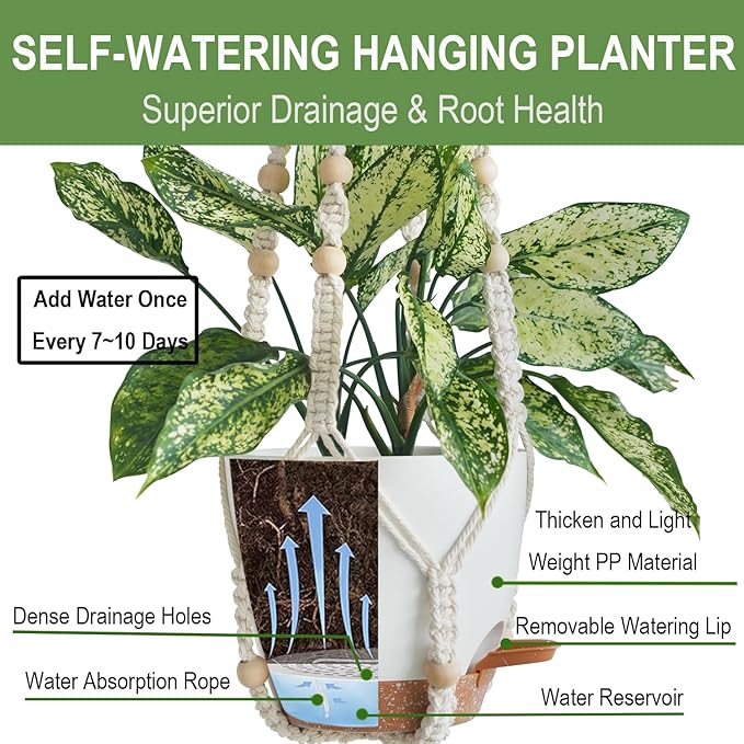 Set of 3 Hanging Planters for Indoor Plants with 10"/8"/7" Self-Watering Hanging Pots, Hanging Plant Pots with Drainage, 3 Different Size Macrame Plant Hangers with Hooks White Large