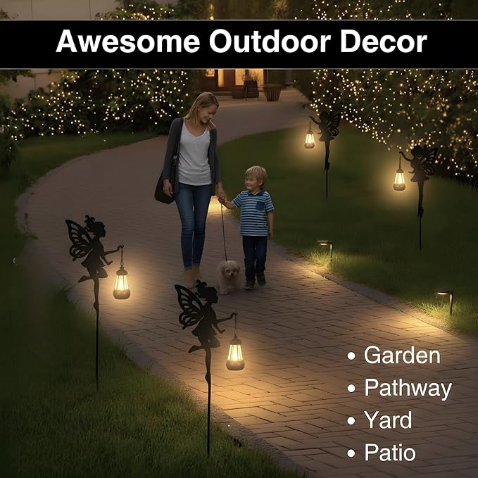 Solar Fairy Garden Accessories Outdoor 1 Pair - Metal Stakes Decorative Figurines Housewarming Ornament for Patio, Lawn, Yard, Pathway - Unique Gift Ideas for Gardening Mom Grandma (Warm Lighting)