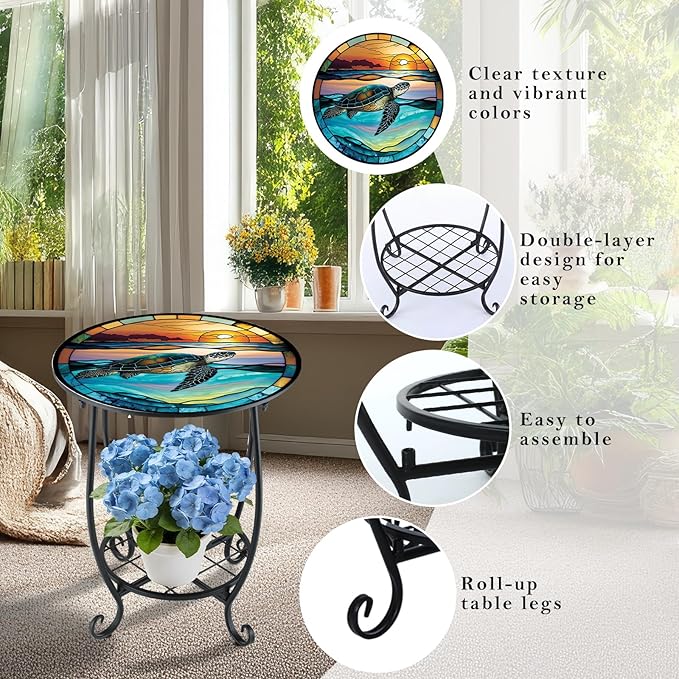 Outdoor Side Table Round Small Mosaic Patio Accent Indoor End Plant Coffee Tea Table for Yard Patio Porch Garden Living Room, Bedroom(Turtle Style,12 Inch)