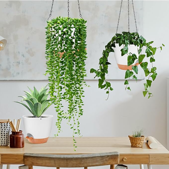 GARDIFE hanging planter, 8 inch hanging planters for indoor. outdoor plants , Self watering plant pot, 2 Pack Large self watering hanging planter (8-White, 8 inch)