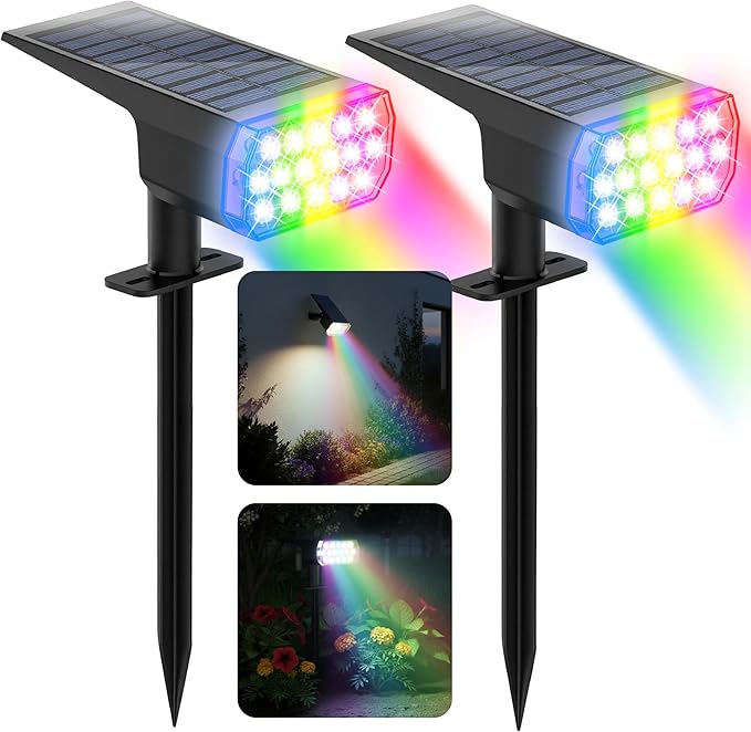 Solar Lights Outdoor Waterproof, LED Solar Spot Lights Outdoor, 7 Color Changing Solar Spotlights, Multicolor RGB Dusk-to-Dawn Uplights for Garden Landscape, Yard, IP65, Auto On/Off