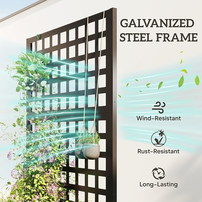 Outsunny Galvanized Raised Garden Bed with Trellis, Metal Planter Box with Drainage Holes, Outdoor Privacy Screen for Climbing Plants, Vegetable, Vines, 35" x 16" x 70", 2 Pack, Black