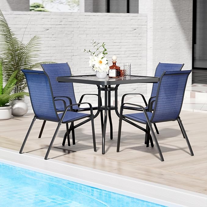 TLSUNNY Patio Dining Set 5 Pieces, All Weather Outdoor Furniture W/30"X 30" Table and 4 Stackable Textilene Chairs, Metal Table and Chairs for Lawn, Garden, Poolside, Backyard (Umbrella not Included)