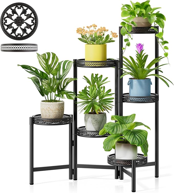 6 Tier Metal Plant Stand Indoor Outdoor, Corner Tall Plant Shelf for Multiple Plants, Foldable Heavy Duty Plant Holder, Decoration Flower Stand for Living Room Balcony Patio Garden- BlackWave