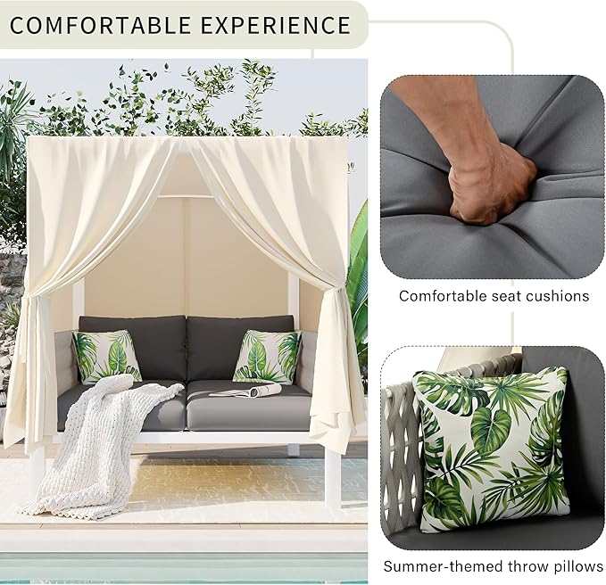 Merax Outdoor Patio Daybed with Soft Cushions and Curtains, Double Chaise Lounge Sunbed with Rubber Core Rope Backrest and Comfy Pillows for Outside Pool, Garden, Backyard, Lawn, Gray+Beige