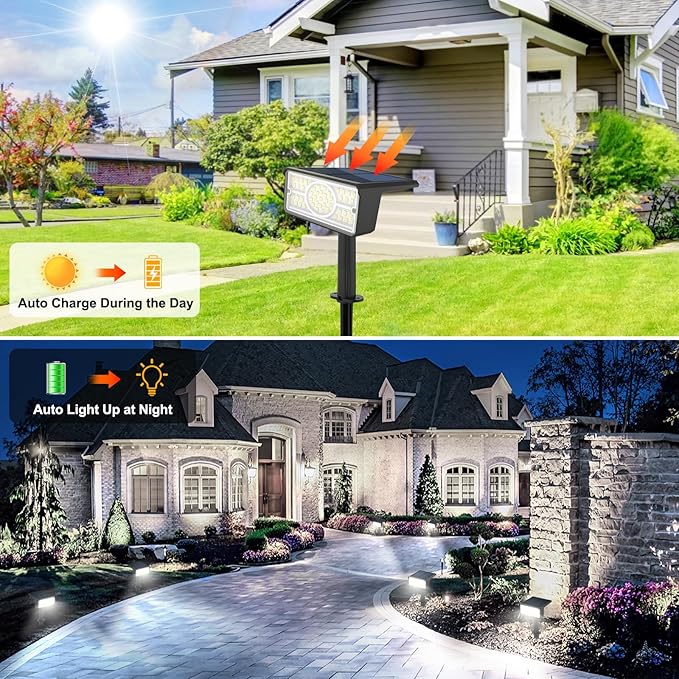 T-SUN Solar Spot Lights Outdoor 4 Pack, 49 LED 2 Lighting Modes, IP65 Waterproof Landscape Spotlights, 2 in 1 Auto On/Off Solar Lights for Yard, Garden, Driveway, Pathway (White)