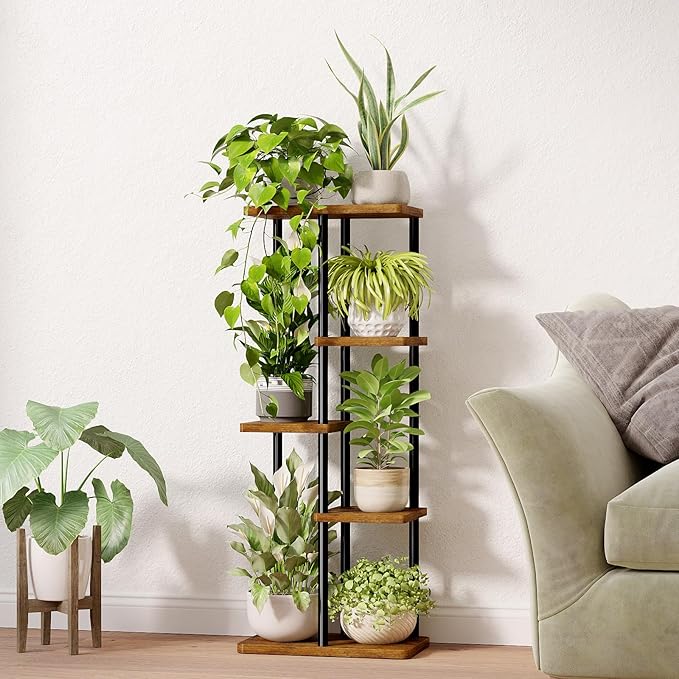 Bamworld Corner Plant Stand Indoor, 5 Tier Metal Plant Shelf for Multiple Plants, Tiered Flower Pot Stands for Patio Garden Balcony Living Room Bedroom, Brown