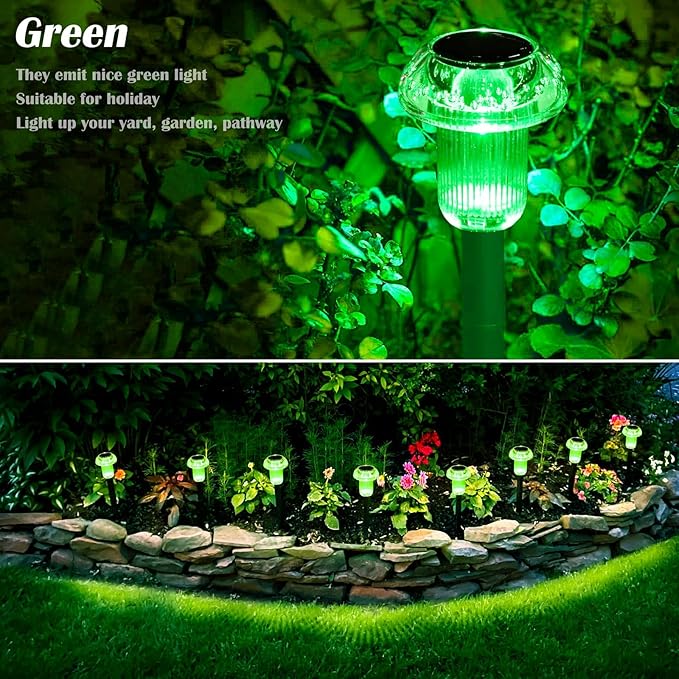 St Patricks Day Decorations Solar Lights Outdoor Pathway Waterproof 8 Pack Green LED Green Stake Acrylic Mushroom Decorative Garden Lights for Yard Landscape Patio Outside Decor