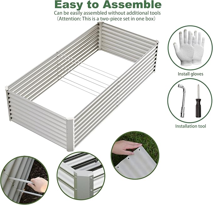 8x4x2ft Raised Garden Beds Kit, Galvanized Planter Garden Boxes Outdoor, Metal Raised Garden Beds for Vegetables,Fruits,Herb,Flower,Silver