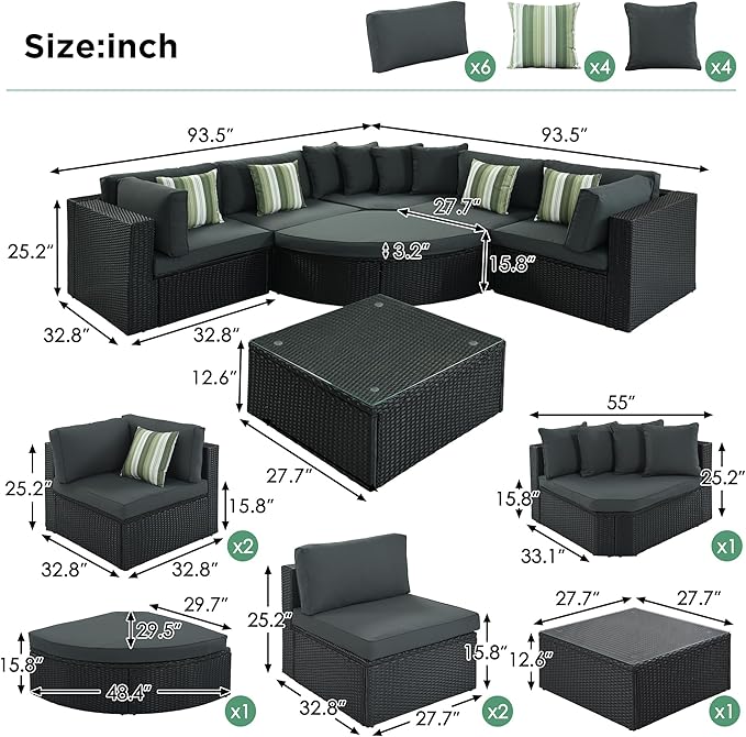 Merax 7-Piece Outdoor Wicker Sectional Sofa Set,Modular Rattan Conversation Set with Gray Cushions,Striped Green Pillows & Tempered Glass Coffee Table for Patio,Garden,Deck,Black
