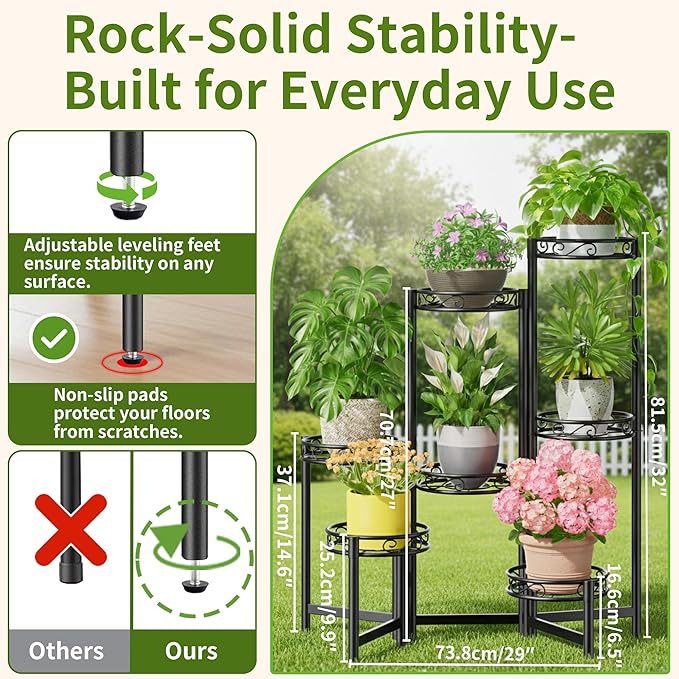 Metal Plant Stand, 7 Tier Tall Wrought Iron Plant Shelf Holder for Indoor, Outdoor Folding Tall Display Rack Flower Pot Stand for Corner Office Balcony Patio - BlackCircle