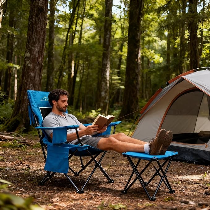 FAIR WIND Oversized Padded Camping Chair with Footrest Stool Heavy Duty Cooler Bag Chair for Fishing, Tailgating, Sports Games, Backyard - Support 300 LBS Blue