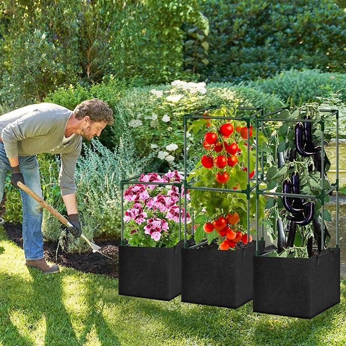 3 Pack Tomato Cages 47 Inch for Garden with 19.5 Gallon Square Grow Bags Planter Pots with Heavy Duty Trellis Plant Stakes Support Frames for Vertical Climbing Cucumber Vegetables Flowers