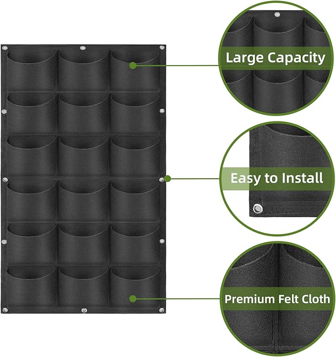 Hanging Planting Grow Bags, 18 Pockets Hanging Vertical Wall Planter Wall Mounted Grow Bag Outdoor Indoor Gardening Vertical Greening Flower Container, Planting Bags Storage Bags(1.0 m × 0.5 m, Black)