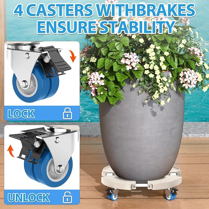 VANCASTLE Plant Caddy with Lockable Wheels Heavy Duty 450lbs Capacity, 15-22 Inch Adjustable Plant Stand with Wheels Rolling base, Plant Dolly for Flower Pot Mover Indoor Outdoor, Beige, 2 Pack