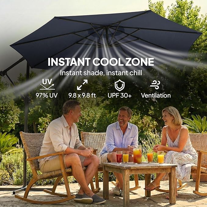 Outsunny 10 ft Offset Patio Umbrella with Cover, Round Hanging Cantilever Umbrella with 6-Position 360° Rotation, Crank Handle, Tilt, Cross Base, Heavy Duty Outdoor Umbrella for Garden