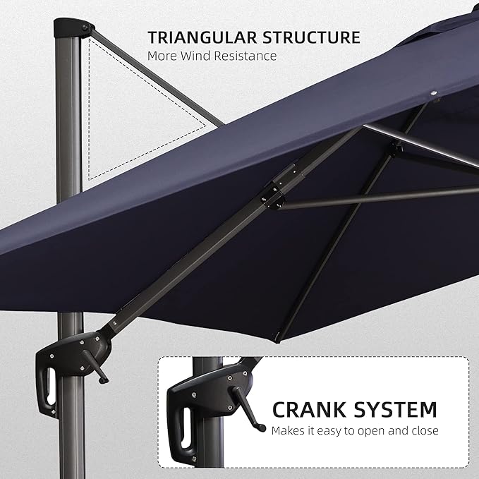 PURPLE LEAF 10' X 13' Patio Umbrella Outdoor Cantilever Rectangle Umbrella Aluminum Offset Umbrella with 360-degree Rotation for Garden Deck Pool Patio, Navy Blue