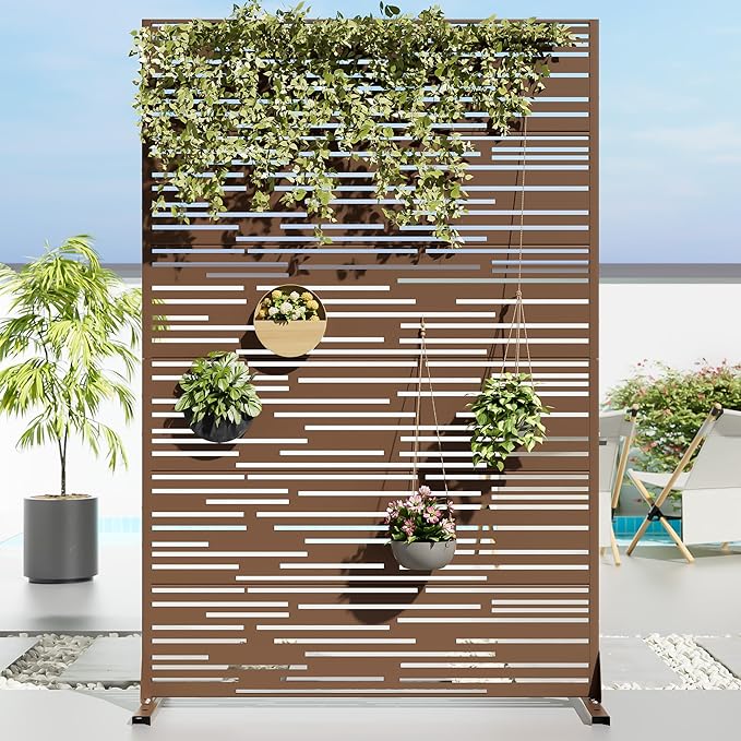 Casaphoria Metal Privacy Screen Outdoor, 72" H x 47" W Freestanding Decorative Privacy Screen for Patio Deck Balcony Garden with Stable Base, Brown-Shine