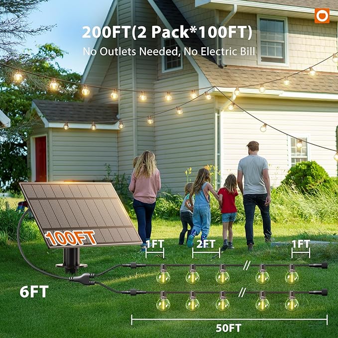 addlon 200FT(2 Pack*100FT) Solar String Lights Outdoor Waterproof with Remote, Dimmable Commercial Grade Solar Powered String Lights with 108 LED Bulbs, Hanging Light for Backyard Party Decor